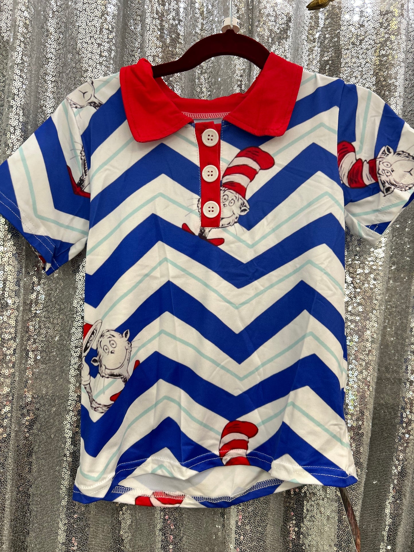 Chevron Blue and White Dr Seuss Cat in the Hat Polo