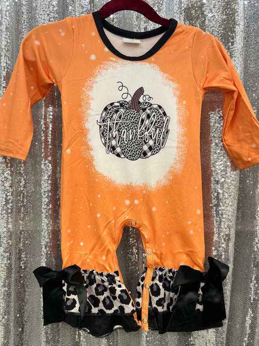 Long Sleeve “Thankful” Cheetah Pumpkin Romper w/ Black Bows Halloween/Thanksgiving