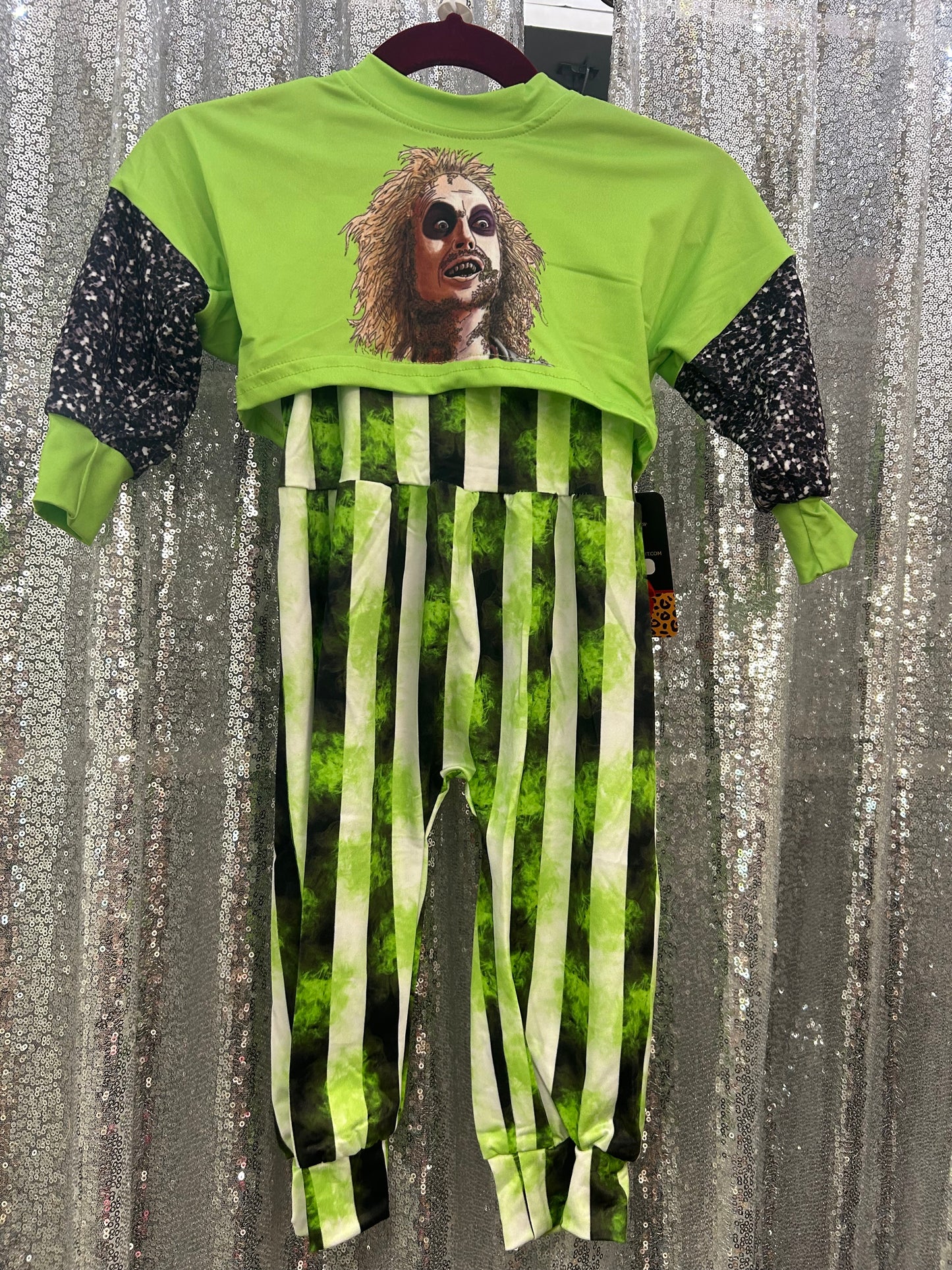 Green Long Sleeve Beetlejuice Crop w/ Black and White Striped Romper Halloween