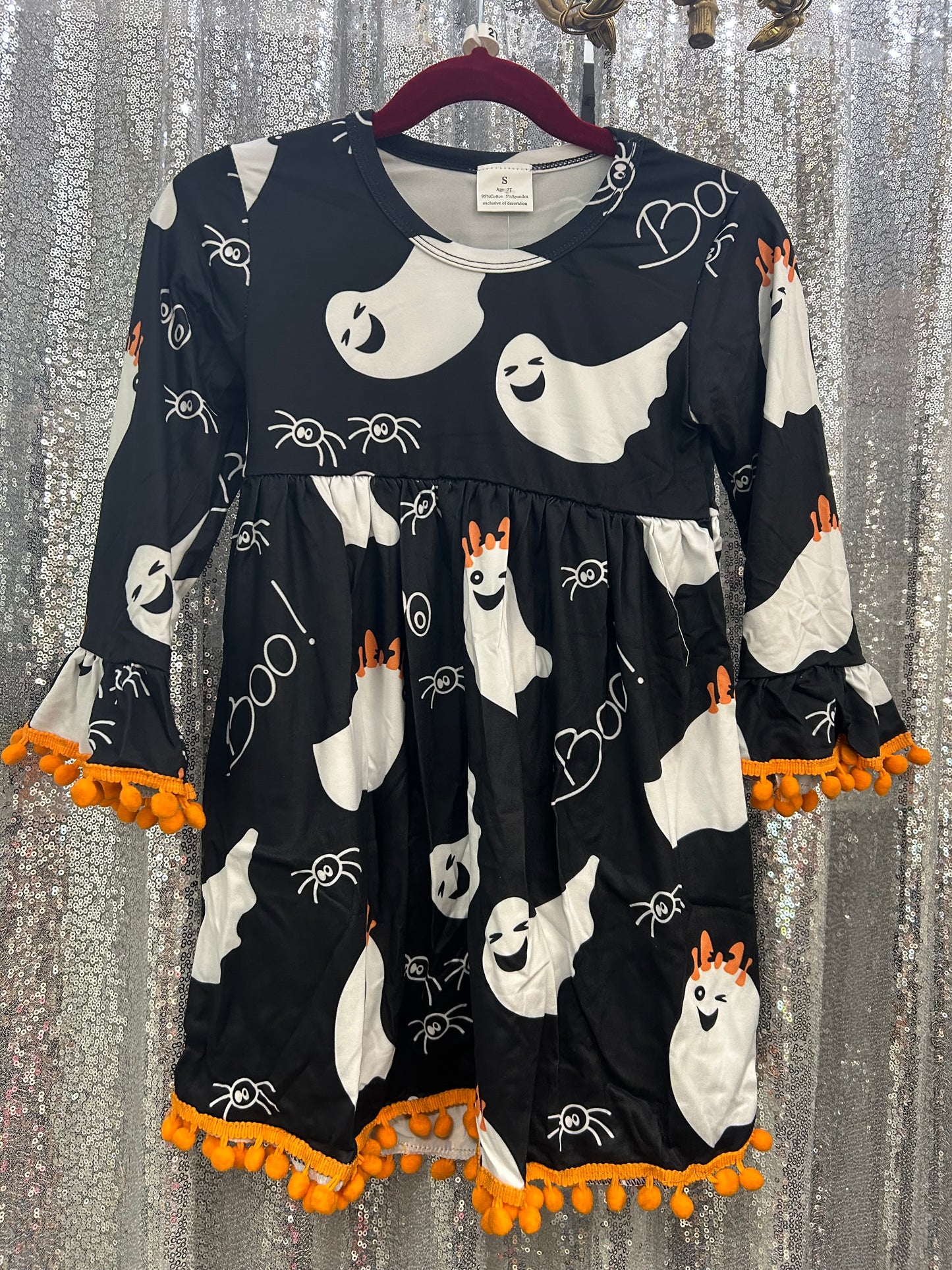 Long Sleeve Ghost “Boo” Dress w/ Orange Pompoms Halloween