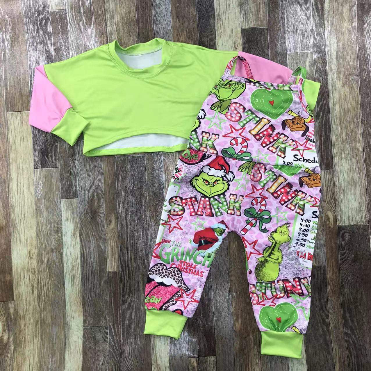 Pink Grinch Tank Top Romper w/ Cropped Sweater Christmas