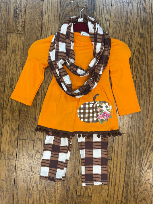 Orange Long Sleeve Top w/ Brown & White Checkered Pumpkin and Leggings w/ Matching Scarf