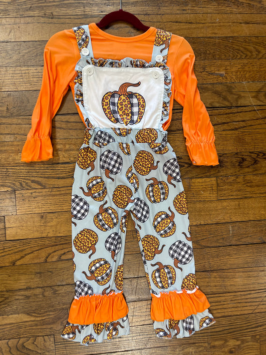 Long Sleeve Orange Top w/ Cheetah Print and Black & White Checkered Print Pumpkin Themed Over-Alls
