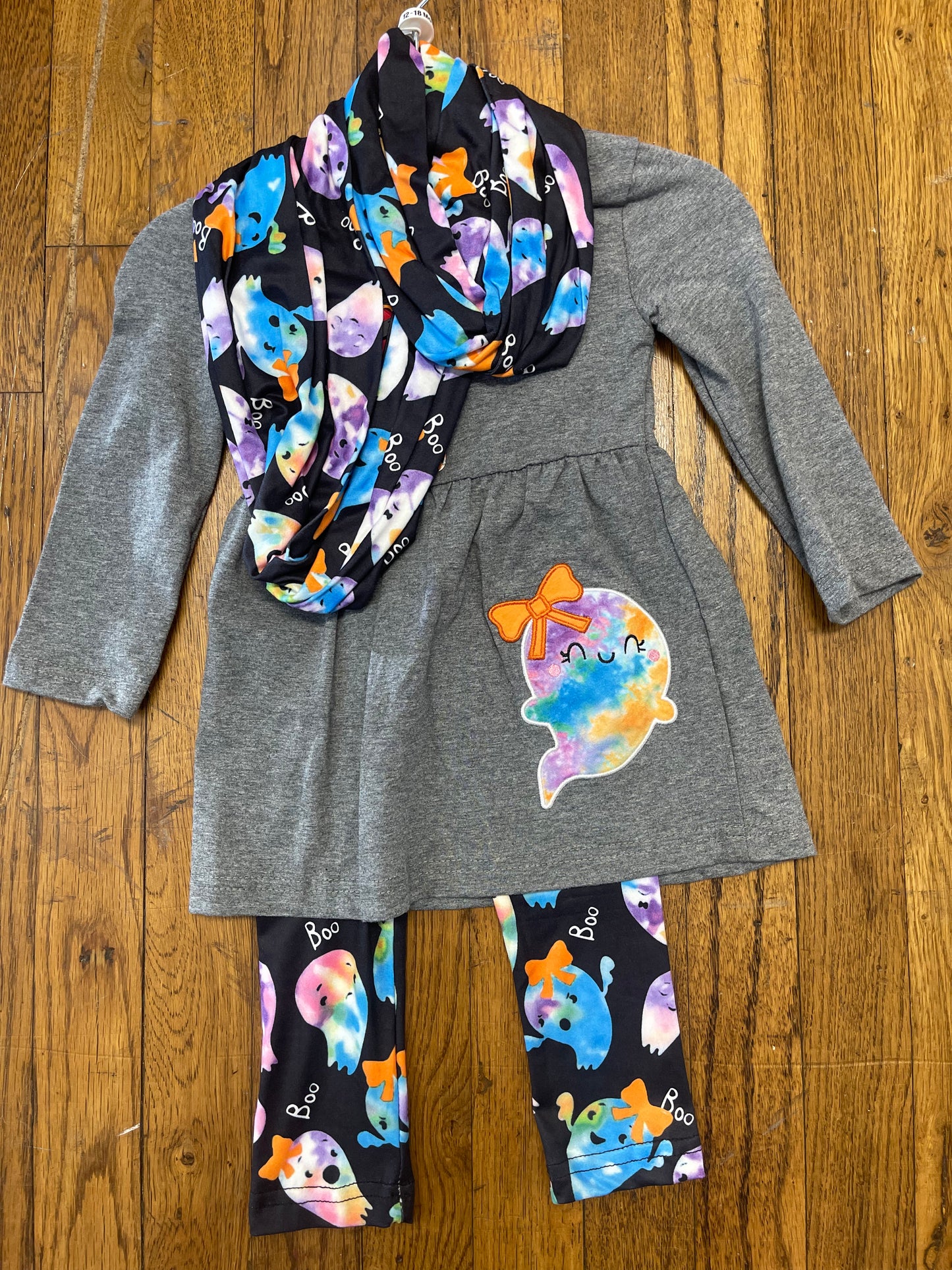 Grey Long Sleeve Ghost Dress w/ Leggings and Matching Scarf Halloween