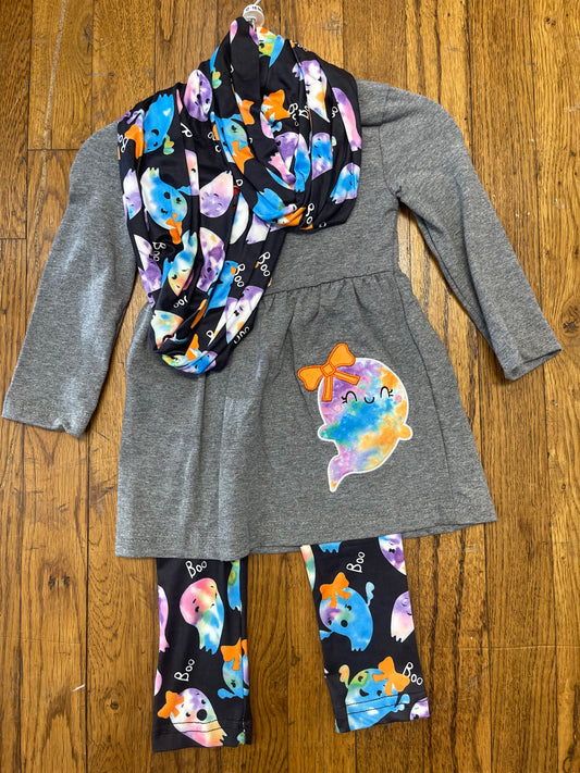 Grey Long Sleeve Ghost Dress w/ Leggings and Matching Scarf