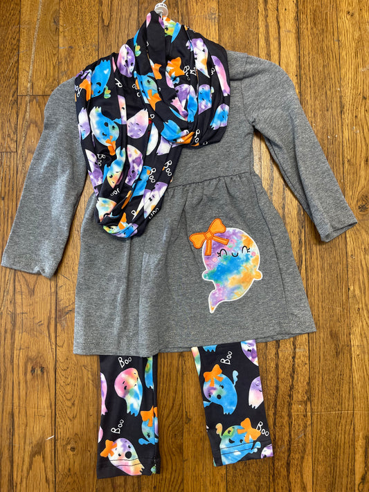 Grey Long Sleeve Ghost Dress w/ Leggings and Matching Scarf Halloween