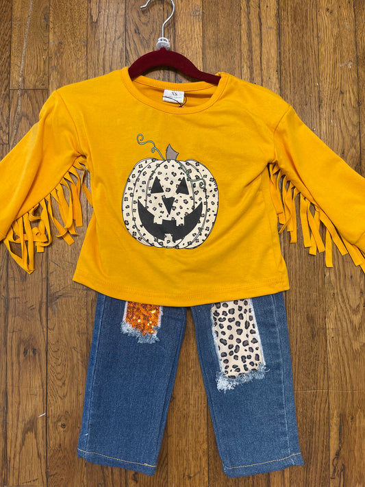 Long Sleeve Fringe Jack-o’-Lantern Top w/ Peek-a-Boo Jeans Halloween/Thanksgiving