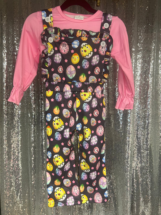 Easter Egg Overalls w/ Pink Long Sleeve Shirt