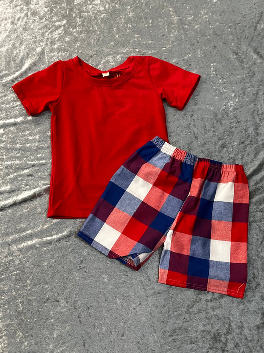 Red Shirt w/ Red, White and Blue Plaid Shorts
