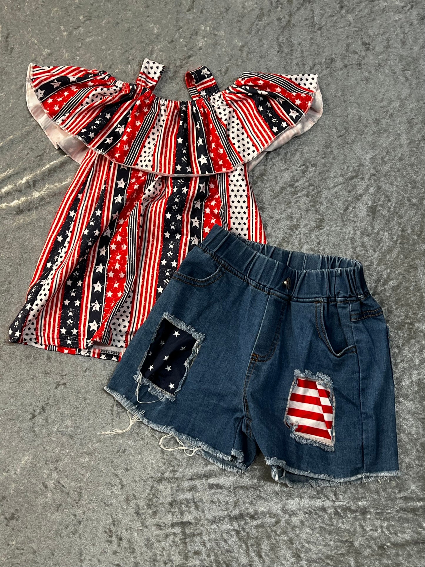 Red, White and Blue Stars & Stripes Tank with off the Shoulder Sleeves Shorts Set