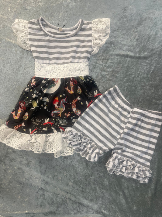 Grey and White Striped Mermaid Dress w/ Shorts