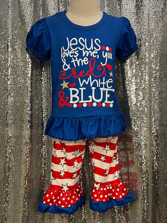 Jesus Loves Me You and the Red, White and Blue Pants Set 4th of July