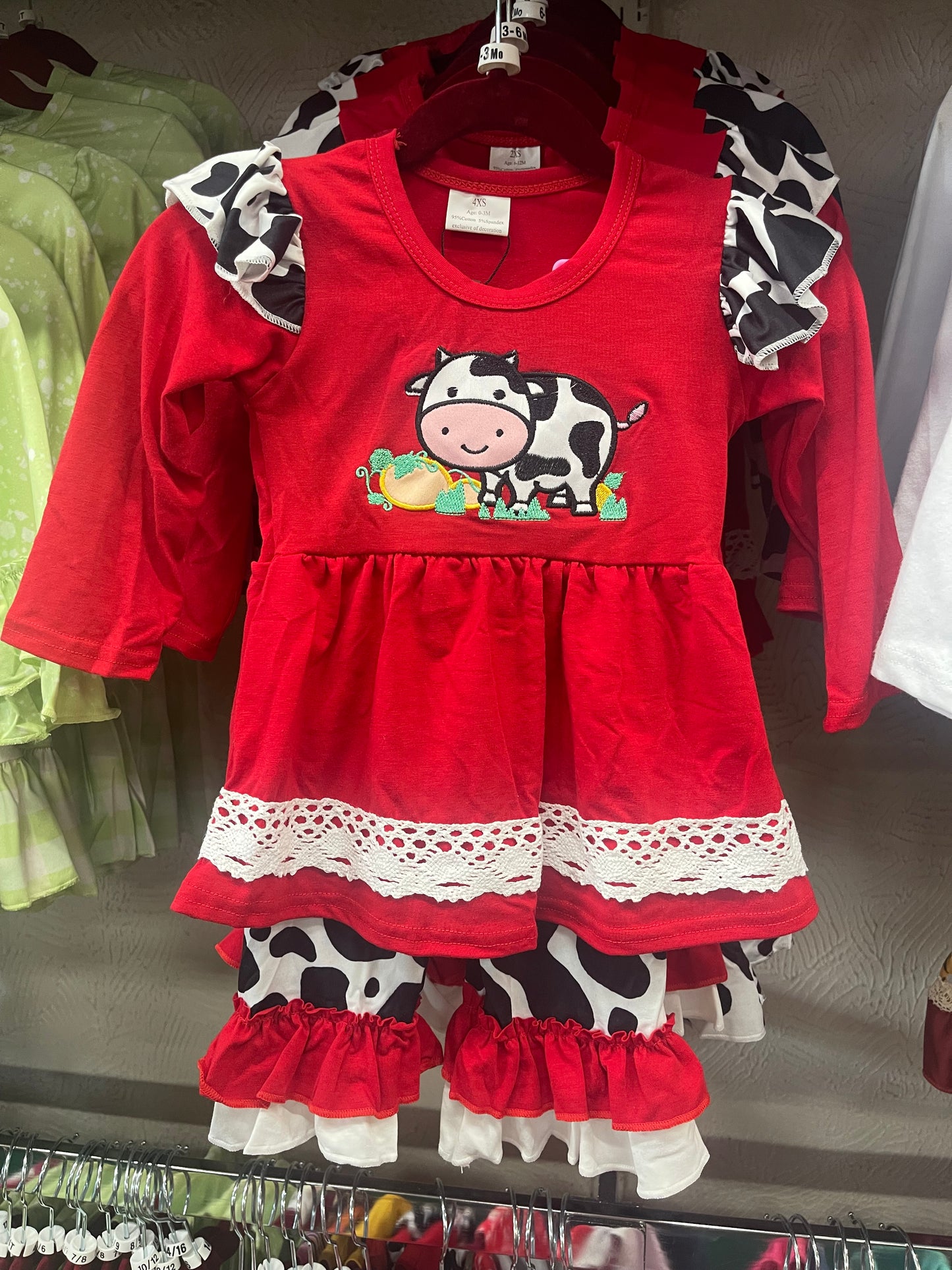 Red Long Sleeve w/ Embroidered Cow & Black & White Belles