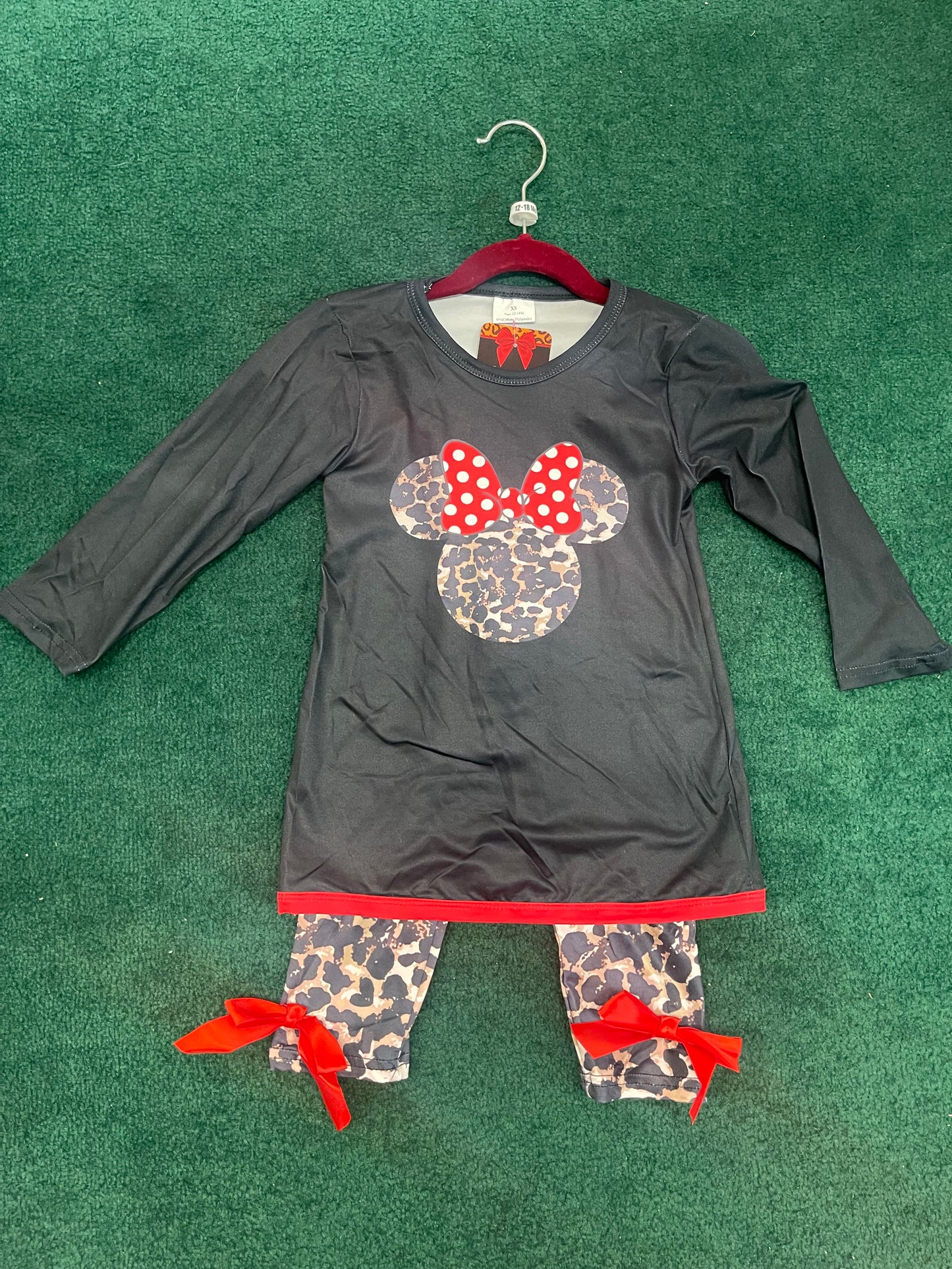 Long Sleeve Minnie Mouse Pants Set w/ Leopard Pants & Red Bows