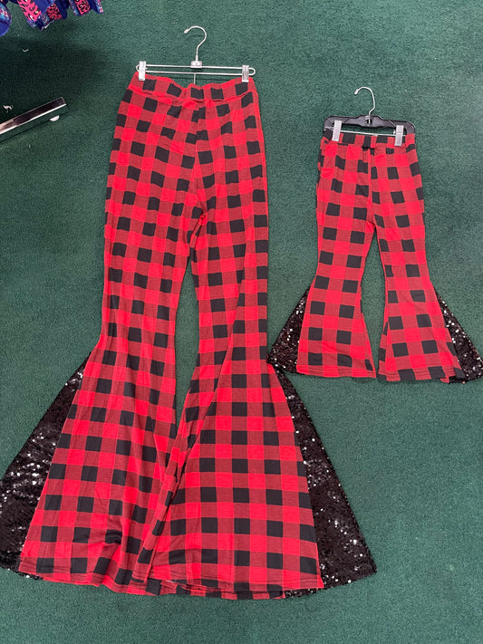 Red Buffalo Plaid w/ Black Sequin Mommy & Me Bellbottom Pants