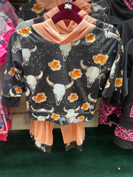 Peach Rose Cow Skull Hooded Pant Set